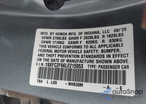 2020 Honda Civic Lx from USA, damaged, VIN 19XFC2F66LE215953